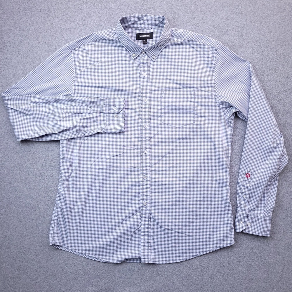 Betabrand Button Down Shirt XXL Long Sleeve Blue Check Pocket Cotton Blend Mens